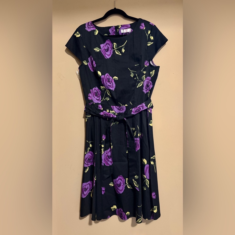 Women's Black Fit and Flair Midi Dress with Purple Rose Print and Waist Tie 2X